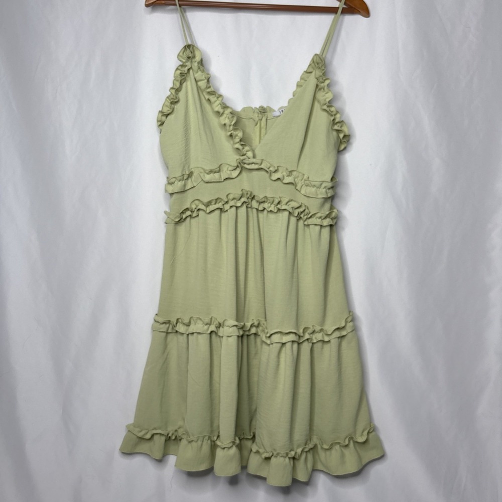 IRIS M Fashion Ruffle Tiered Mini Summer Dress Vneck Spaghetti Strap Sage Green